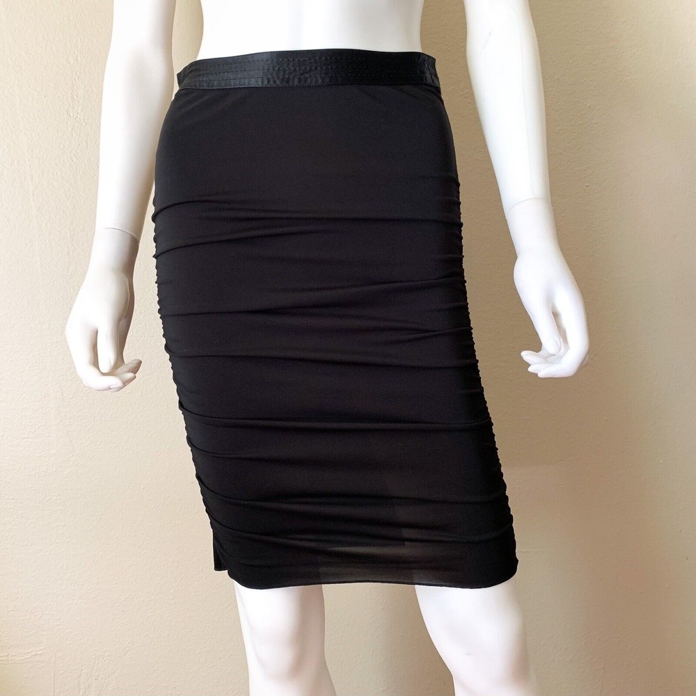Armani Exchange Bodycon Pencil Skirt XS Black Satin Trim Stretchy Ruched Y2K